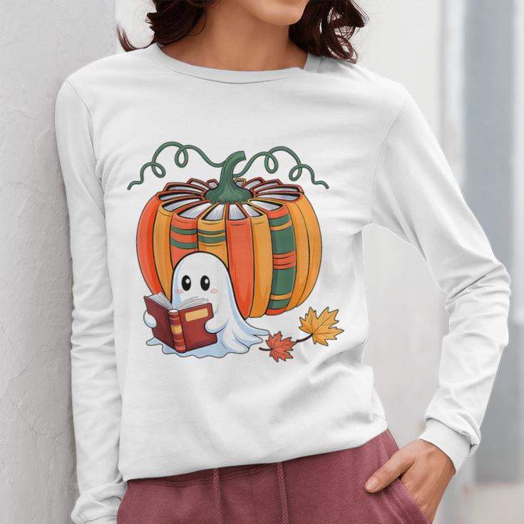 Fall Book Pumpkin Books Ghost Reading Halloween Teacher Women Long Sleeve T-Shirt, funny design