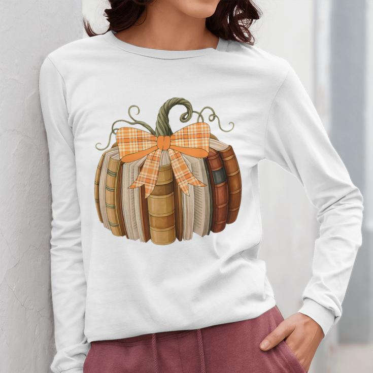 Fall Book Pumpkin Halloween Teacher Librarian Thanksgiving Women Long Sleeve T-Shirt, funny design