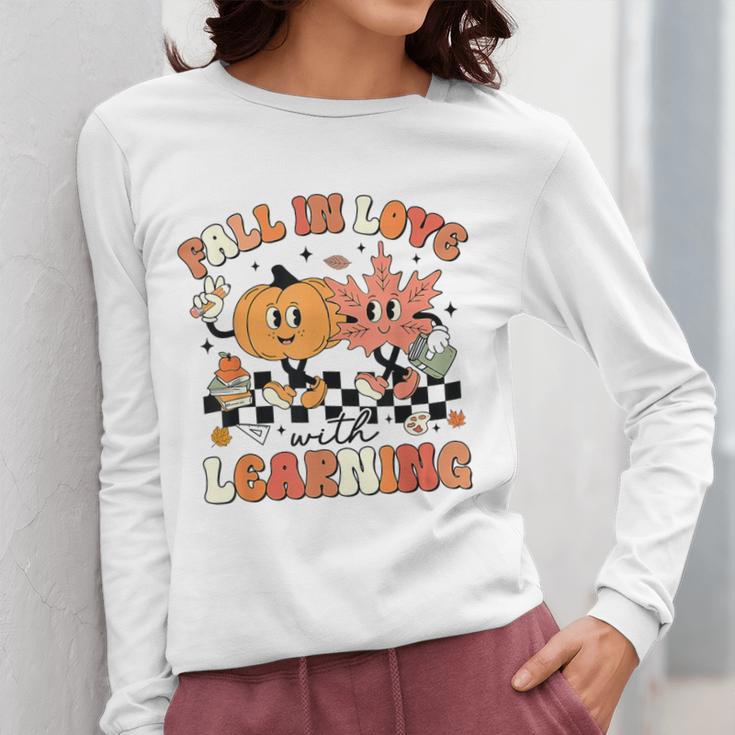 Fall In Love With Learning Teacher Retro Thanksgiving Women Long Sleeve T-Shirt, funny design Fall In Love With Learning Teacher Retro Thanksgiving Women Long Sleeve T-Shirt, funny design