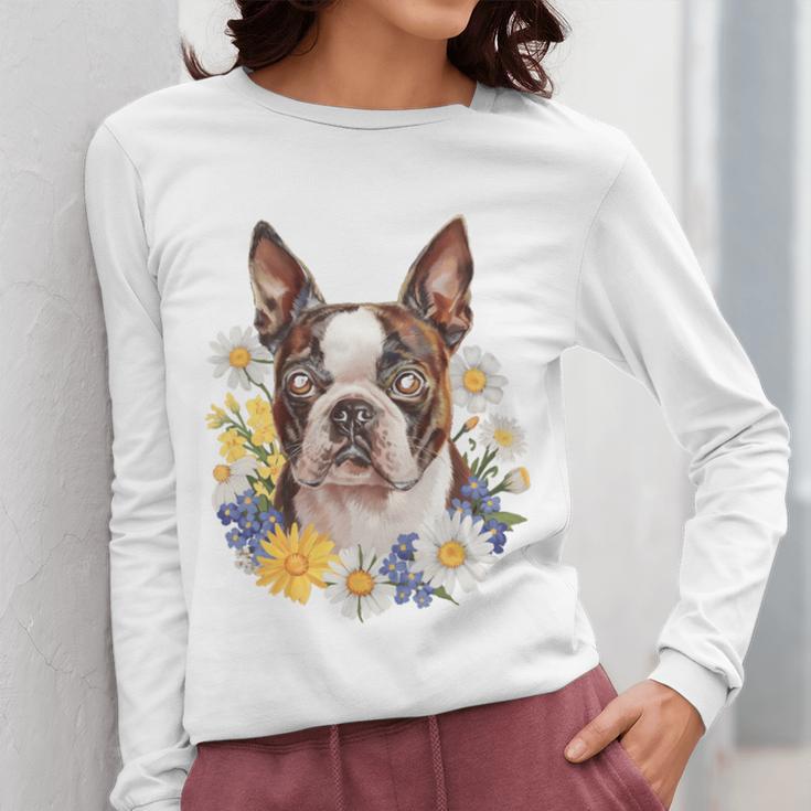 Floral Boston Terrier Women Long Sleeve T-Shirt, funny design