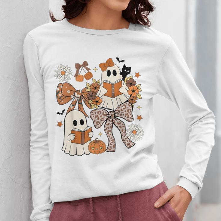 Ghost Reading Books Halloween Bow Spooky Teacher Student Women Long Sleeve T-Shirt, funny design Ghost Reading Books Halloween Bow Spooky Teacher Student Women Long Sleeve T-Shirt, funny design