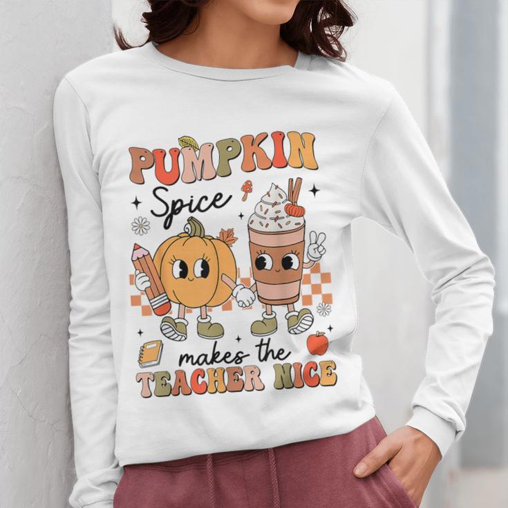 Groovy Pumpkin Spice Makes Teacher Nice Fall Thanksgiving Women Long Sleeve T-Shirt, Groovy Teacher Gifts, funny design