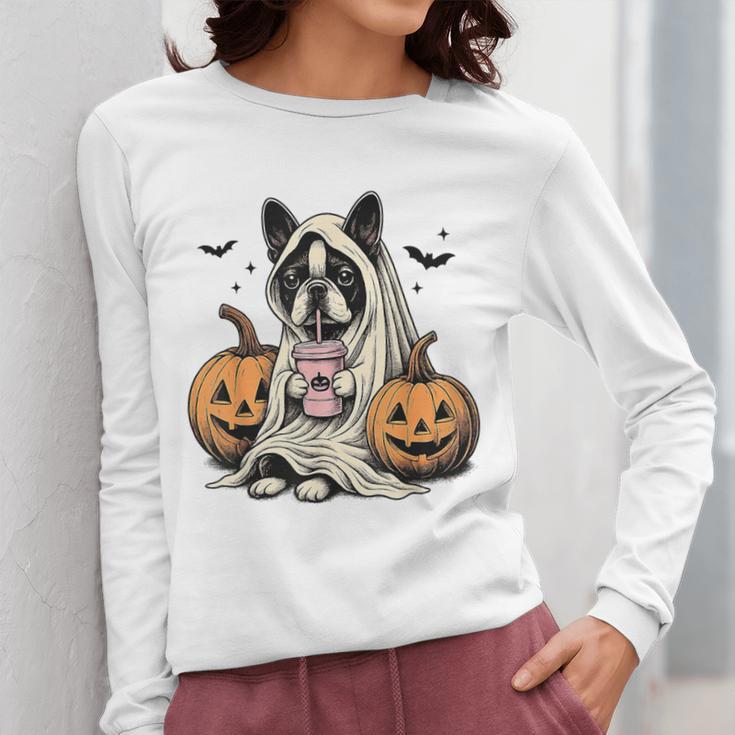 Halloween Boston Terrier Ghost Women Long Sleeve T-Shirt, Boston Terrier Ghost Gifts, Boston Terrier Halloween Gifts, funny design