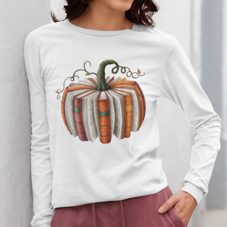Halloween Teacher Librarians Fall Book Pumpkin Retro Reading Women Long Sleeve T-Shirt, funny design