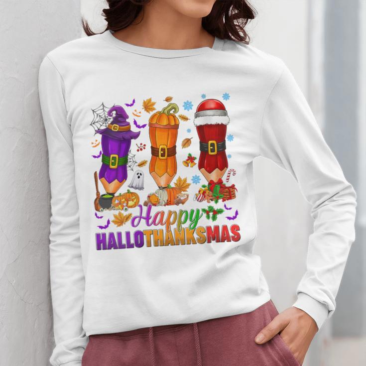 Happy Hallothanksmas Halloween Thanksgiving Pencils Teachers Women Long Sleeve T-Shirt, funny design
