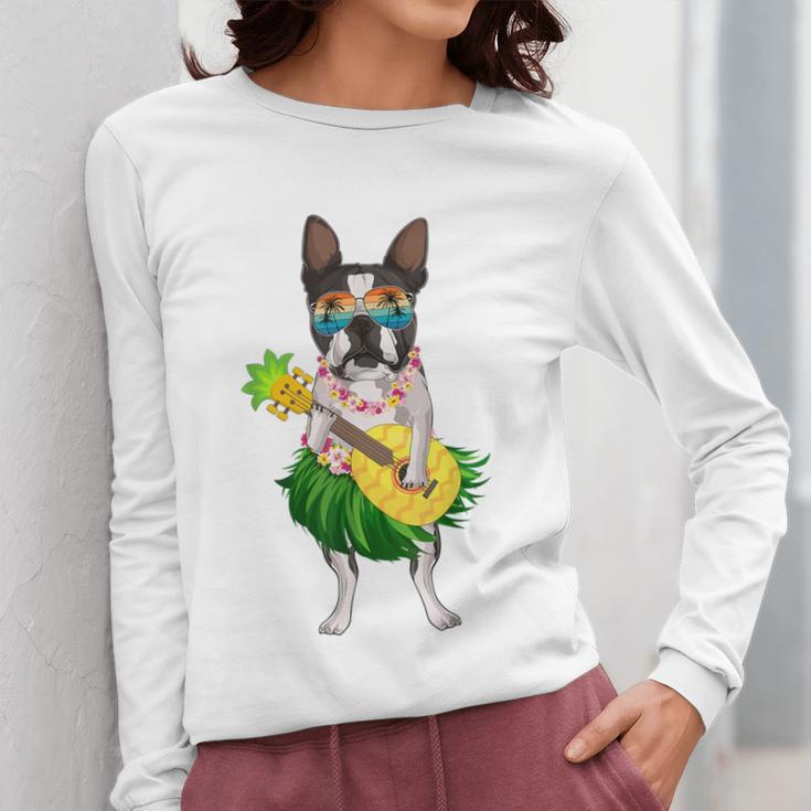 Hawaiian Boston Terrier Dog Pineapple Ukulele Summer For Men Women Girls Kids Women Long Sleeve T-Shirt, funny design