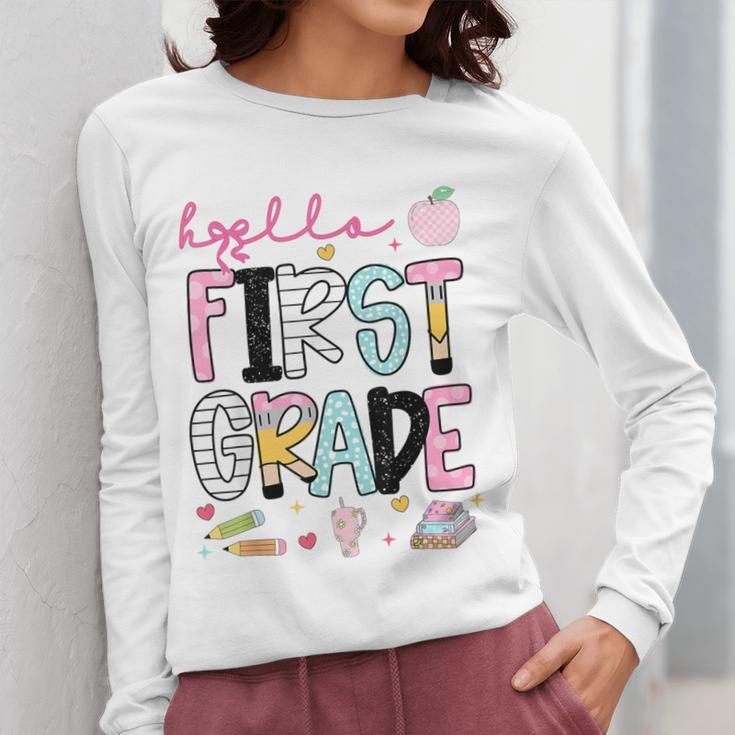 Hello First Grade Teacher Coquette Pencil Bow Back To School Women Long Sleeve T-Shirt, First Grade Teacher Gifts, funny design Hello First Grade Teacher Coquette Pencil Bow Back To School Women Long Sleeve T-Shirt, First Grade Teacher Gifts, funny design