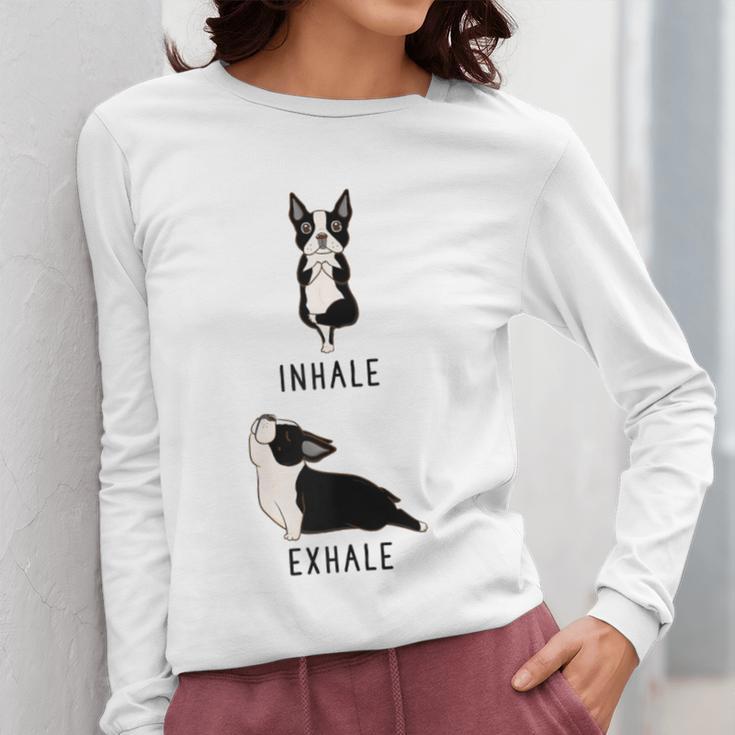 Inhale Exhale Yoga Boston Terrier Tshirt Women Long Sleeve T-Shirt, funny design