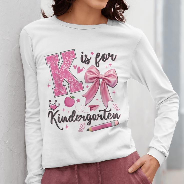 K Is For Kindergarten Teacher Coquette Bow Back To School Women Long Sleeve T-Shirt, funny design K Is For Kindergarten Teacher Coquette Bow Back To School Women Long Sleeve T-Shirt, funny design