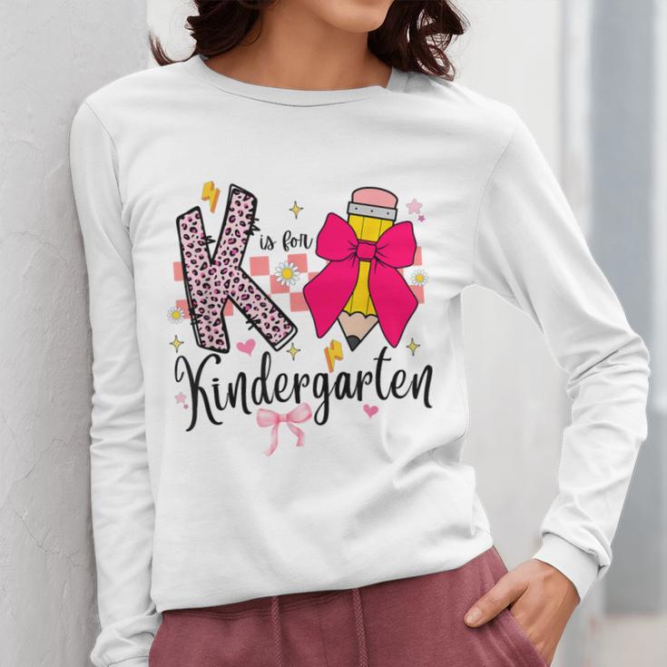 K Is For Kindergarten Teacher Coquette Bow Back To School Women Long Sleeve T-Shirt, funny design K Is For Kindergarten Teacher Coquette Bow Back To School Women Long Sleeve T-Shirt, funny design