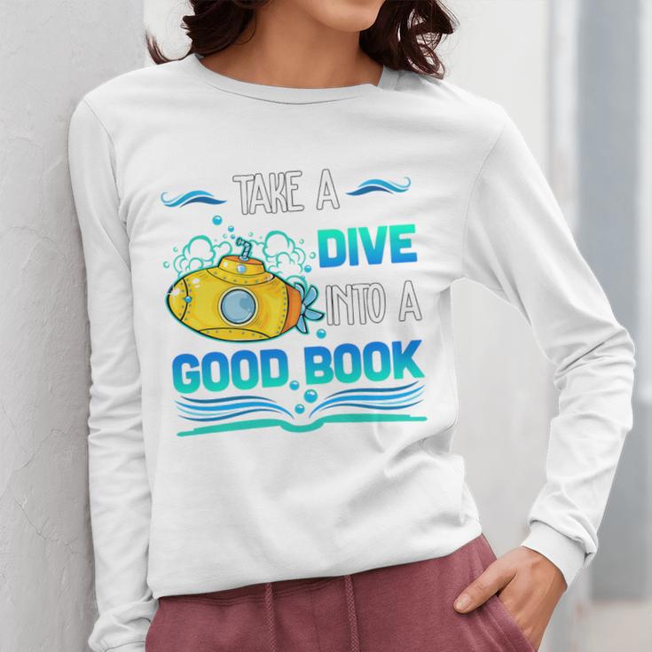 Librarian Teacher Dive Into A Good Book Reading Premium Tri-Blend Women Long Sleeve T-Shirt, funny design