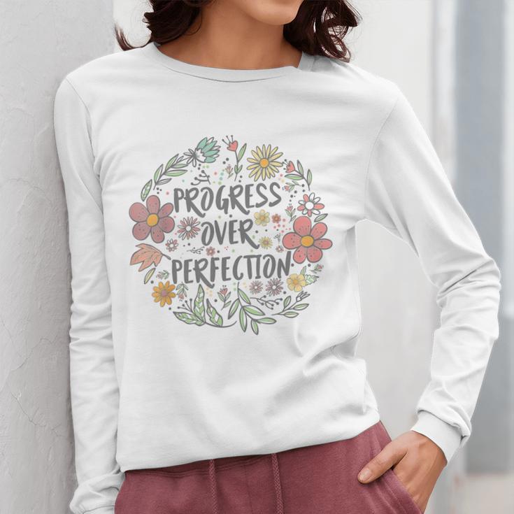 Motivational Progress Over Perfection Back To School Teacher Women Long Sleeve T-Shirt, funny design Motivational Progress Over Perfection Back To School Teacher Women Long Sleeve T-Shirt, funny design