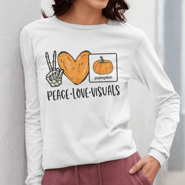 Peace Love Visuals Sped Teacher Pumpkin Skeleton Halloween Women Long Sleeve T-Shirt, funny design