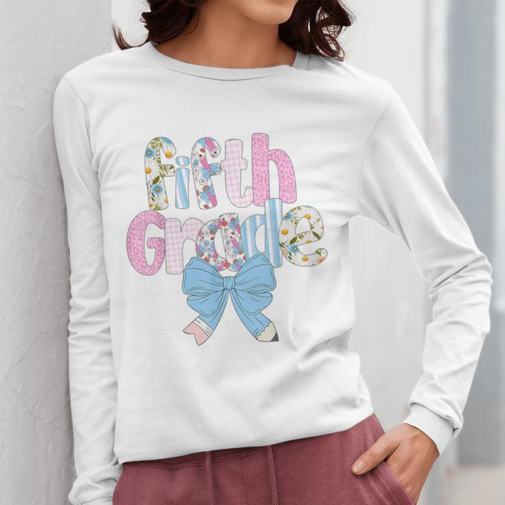 Preppy Fifth Grade Teacher Blue Floral Coquette Pencil Bow Women Long Sleeve T-Shirt, funny design
