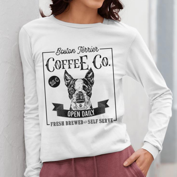 Retro Boston Terrier Coffee Dog Mom Coffee Lover Women Long Sleeve T-Shirt, Couple Gifts, Mom Gifts, Boston Terrier Mom Gifts, funny design