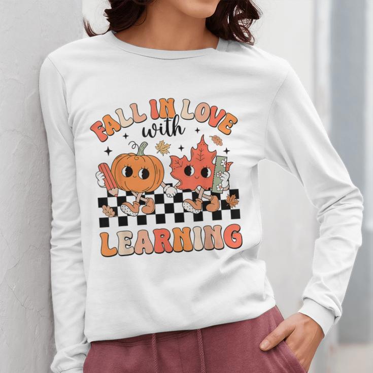 Retro Fall In Love With Learning Autumn Pumpkin Teacher Women Long Sleeve T-Shirt, funny design Retro Fall In Love With Learning Autumn Pumpkin Teacher Women Long Sleeve T-Shirt, funny design