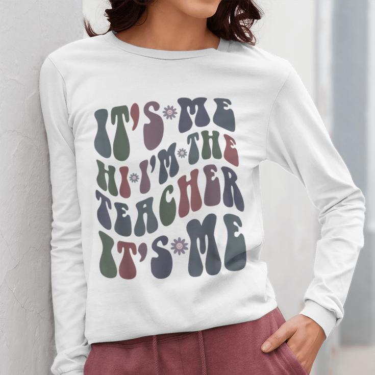 Retro IT'S ME Hi I'm The TEACHER Groovy Testing Squad Pink Women Long Sleeve T-Shirt, Groovy Teacher Gifts, funny design