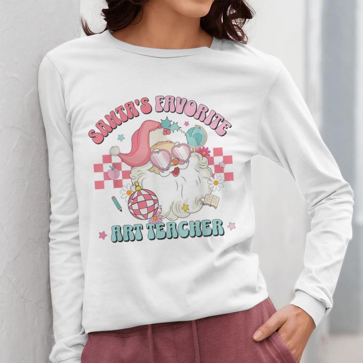 Retro Pink Christmas Santa's Favorite Art Teacher Artist Women Long Sleeve T-Shirt, funny design