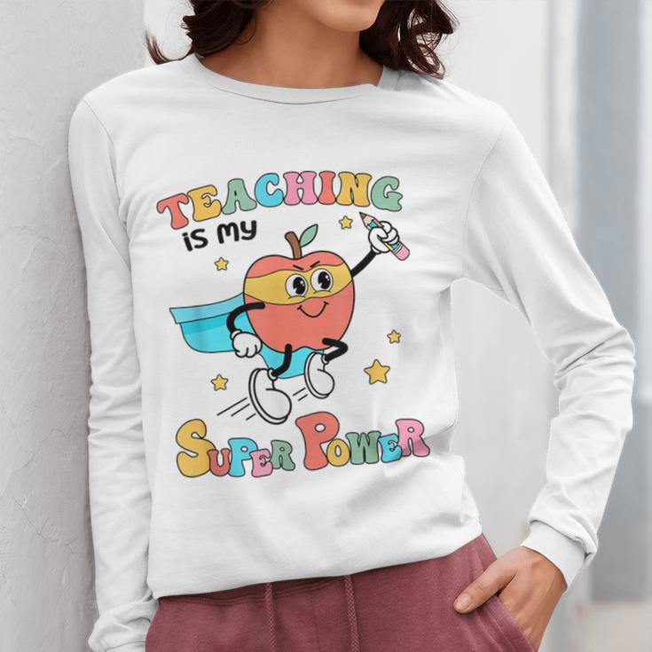 Retro Teaching Is My Superpower Apple Teacher Appreciation Women Long Sleeve T-Shirt, funny design