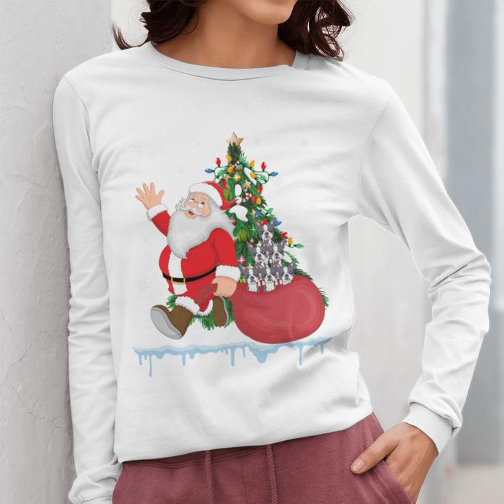 Santa Ugly Christmas Tree Lights Boston Terrier Dog Lover Women Long Sleeve T-Shirt, Boston Terrier Christmas Gifts, funny design