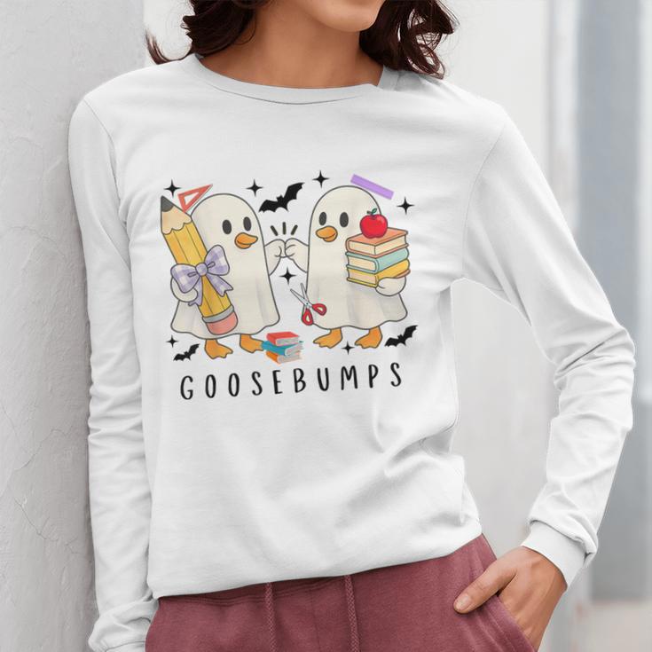 Silly Goose Spooky Teacher Halloween Cute Goosebumps Women Long Sleeve T-Shirt, funny design