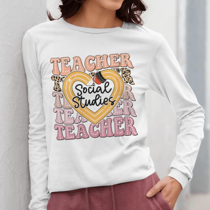 Social Studies Teacher Pencil Heart Leopard Back To School Women Long Sleeve T-Shirt, funny design