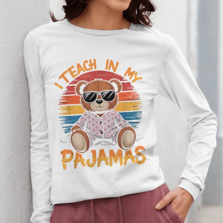 I Teach In My Pajamas Teacher Sunset Bear Retro Women Long Sleeve T-Shirt, funny design I Teach In My Pajamas Teacher Sunset Bear Retro Women Long Sleeve T-Shirt, funny design