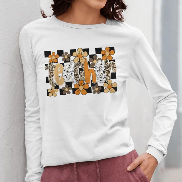 Teacher Appreciation Boho Floral Leopard Checkered Women Long Sleeve T-Shirt, funny design