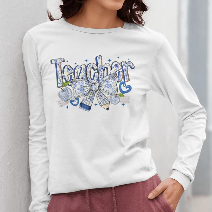 Teacher Blue Chinoiserie Coquette Bow Heart Teacher Life Women Long Sleeve T-Shirt, funny design Teacher Blue Chinoiserie Coquette Bow Heart Teacher Life Women Long Sleeve T-Shirt, funny design