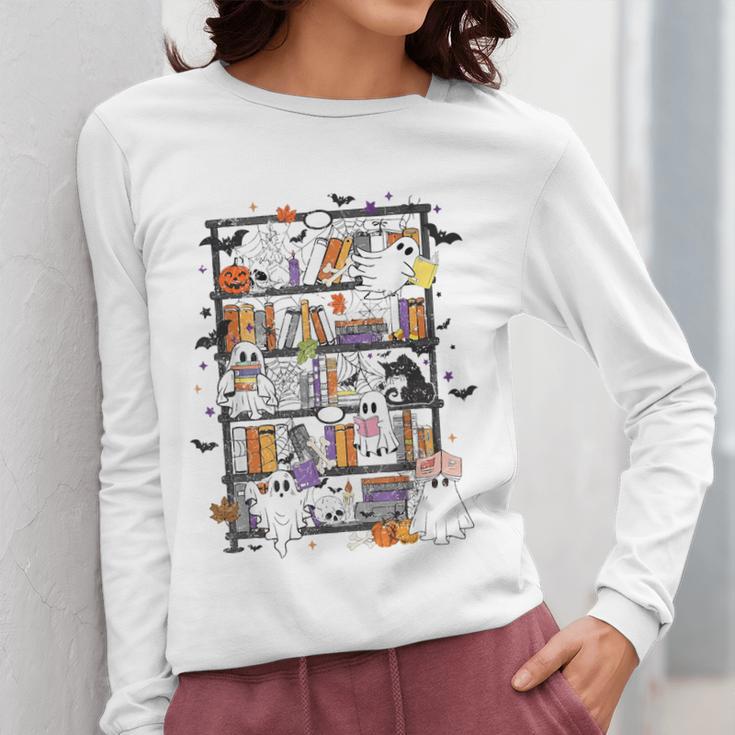 Teacher Library Ghost Reading Book Halloween Cat Women Long Sleeve T-Shirt, funny design Teacher Library Ghost Reading Book Halloween Cat Women Long Sleeve T-Shirt, funny design