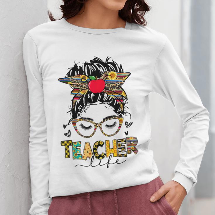 Teacher Life Messy Bun Glasses Leopard Sunflower Women Long Sleeve T-Shirt, funny design