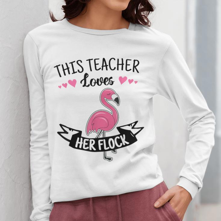 This Teacher Loves Her Flock Cute Flamingo Teacher Women Long Sleeve T-Shirt, funny design