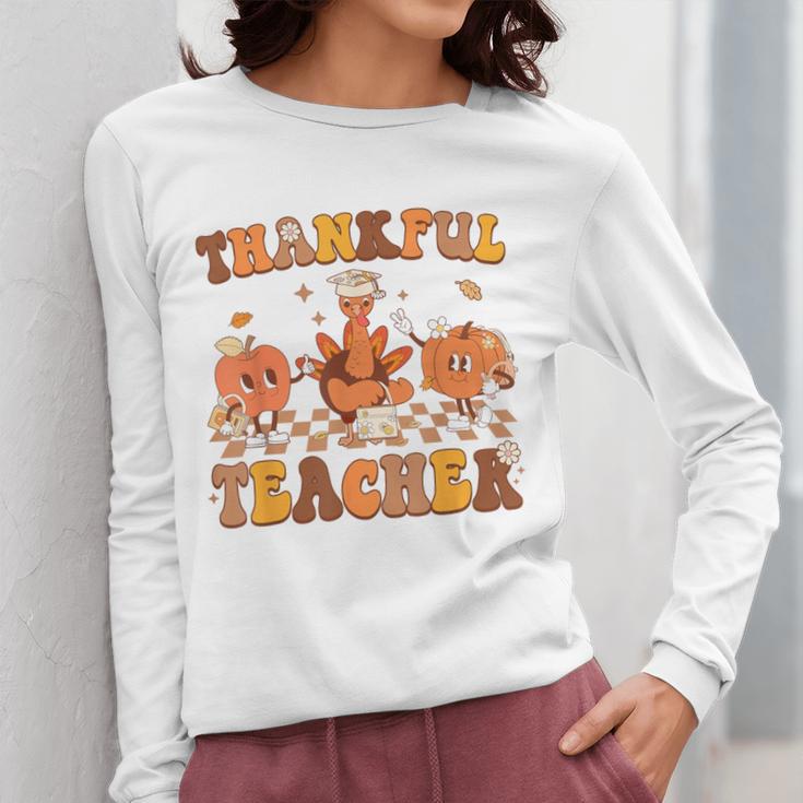 Thankful Teacher Retro Groovy Thanksgiving Fall Women Men Women Long Sleeve T-Shirt, Groovy Teacher Gifts, funny design