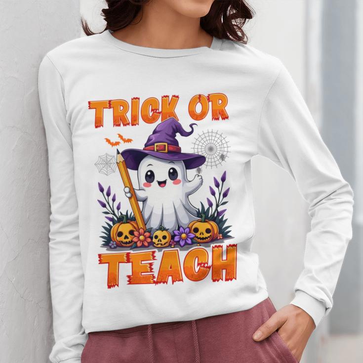 Trick Or Teach Teacher Halloween Ghost Pencil Floral Women Long Sleeve T-Shirt, funny design Trick Or Teach Teacher Halloween Ghost Pencil Floral Women Long Sleeve T-Shirt, funny design