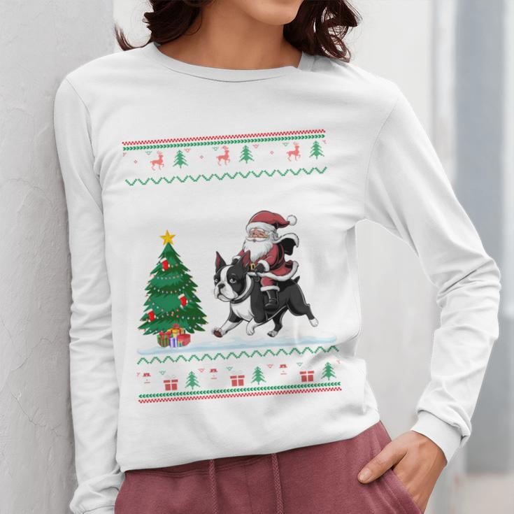 Ugly Christmas Tree Lights Xmas Santa Riding Boston Terrier Women Long Sleeve T-Shirt, Boston Terrier Christmas Gifts, Boston Terrier Riding Gifts, funny design