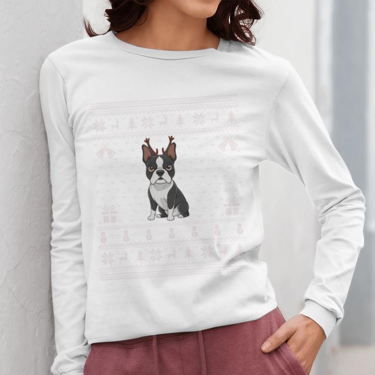 Ugly Xmas Sweater Style Boston Terrier Reindeer Christmas Women Long Sleeve T-Shirt, Boston Terrier Christmas Gifts, funny design