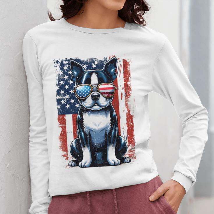 Vintage Boston Terrier Dog American USA US Flag Pets Lovers Women Long Sleeve T-Shirt, American Boston Terrier Gifts, funny design
