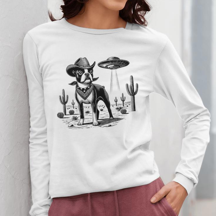 Vintage Boston Terrier UFO Western Wild West Dog Mom Dad Women Long Sleeve T-Shirt, Couple Gifts, Mom Gifts, Boston Terrier Dad Gifts, Boston Terrier Mom Gifts, funny design
