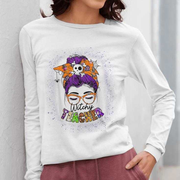 Witchy Teacher Halloween Messy Bun Teacher Bleached Women Long Sleeve T-Shirt, funny design Witchy Teacher Halloween Messy Bun Teacher Bleached Women Long Sleeve T-Shirt, funny design