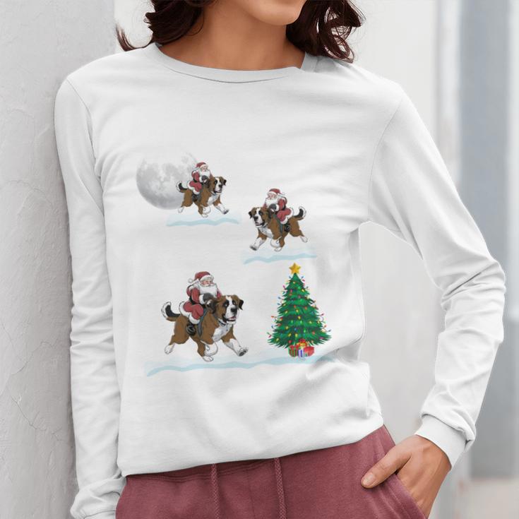 Xmas Lighting Tree Santa Riding Boston Terrier Christmas Women Long Sleeve T-Shirt, Boston Terrier Christmas Gifts, Boston Terrier Riding Gifts, funny design