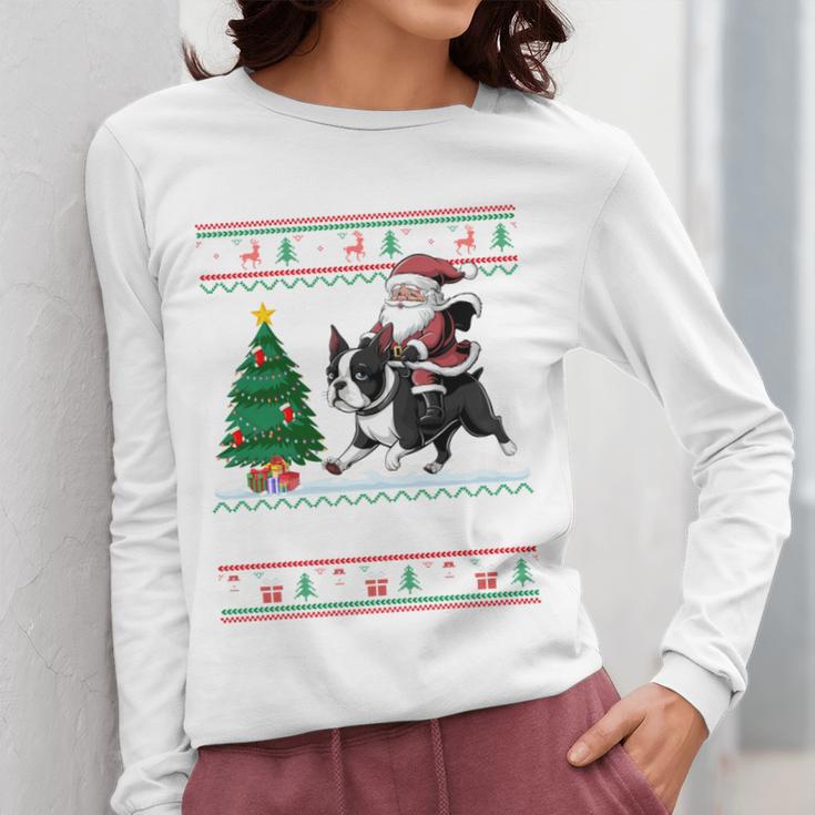 Xmas Tree Lighting Santa Riding Boston Terrier Christmas Women Long Sleeve T-Shirt, Boston Terrier Christmas Gifts, Boston Terrier Riding Gifts, funny design