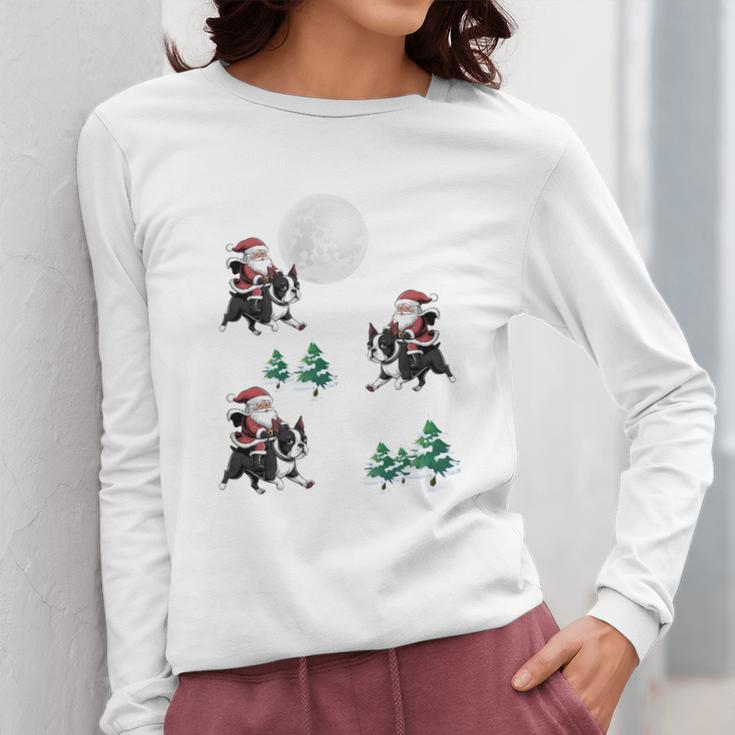 Xmas Tree Santa Riding Boston Terrier Christmas Women Long Sleeve T-Shirt, Boston Terrier Christmas Gifts, Boston Terrier Riding Gifts, funny design