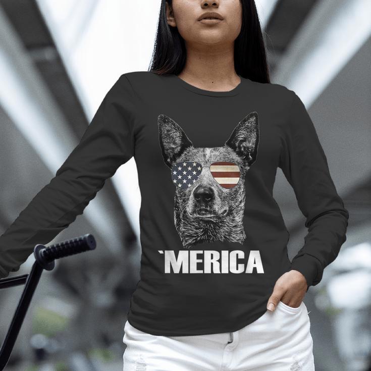 4th July Blue Heeler Dog Merica Patriotic USA Flag Cute Women Long Sleeve T-Shirt, gift for family, gift for coworker