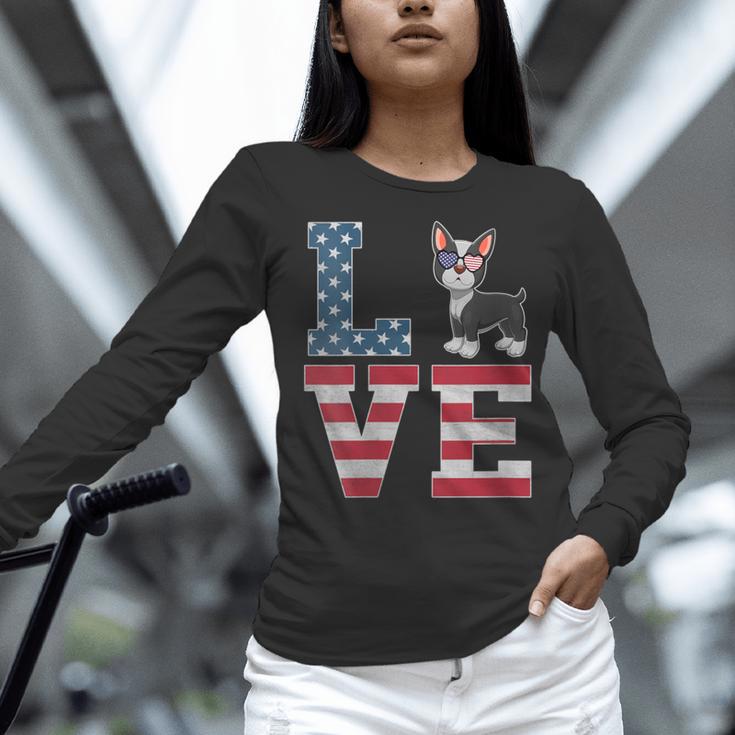 4th Of July Decor Patriotic LOVE Boston Terrier USA Flag Women Long Sleeve T-Shirt, Patriotic Boston Terrier Shirts, Boston Terrier 4th Of July Shirts, gift for family, gift for coworker