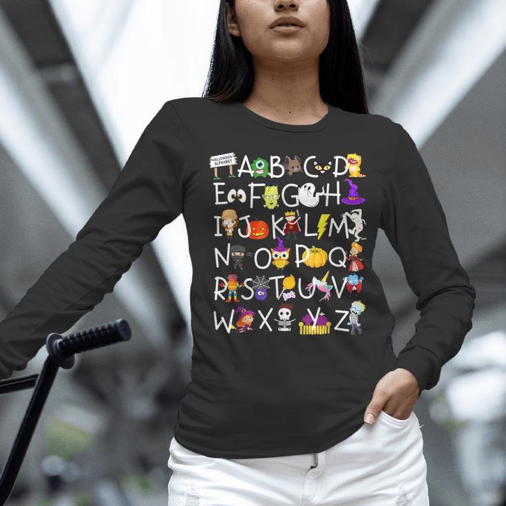 Alphabet ABCs Halloween Characters Kindergarten Teacher Kids Women Long Sleeve T-Shirt, gift for family, gift for coworker