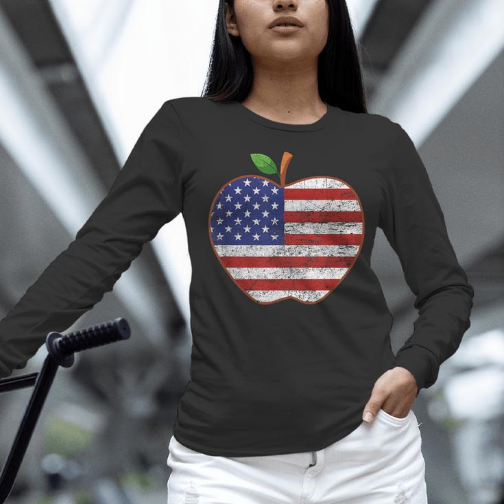 American Flag Teachers Students Apple 4th Of July Vintage Women Long Sleeve T-Shirt, gift for family, gift for coworker
