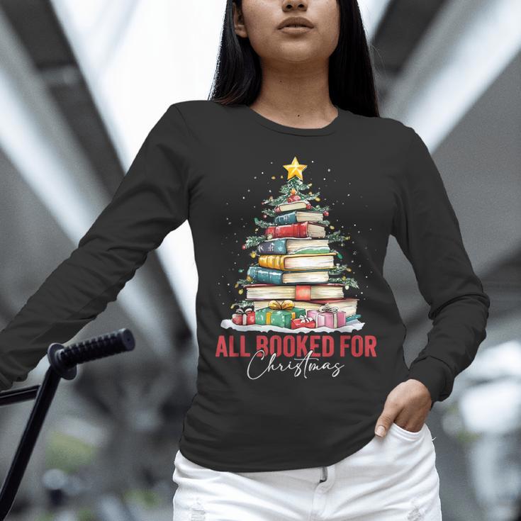 All Booked For Christmas Xmas Tree Teacher Holiday Pajamas Women Long Sleeve T-Shirt, gift for family, gift for coworker