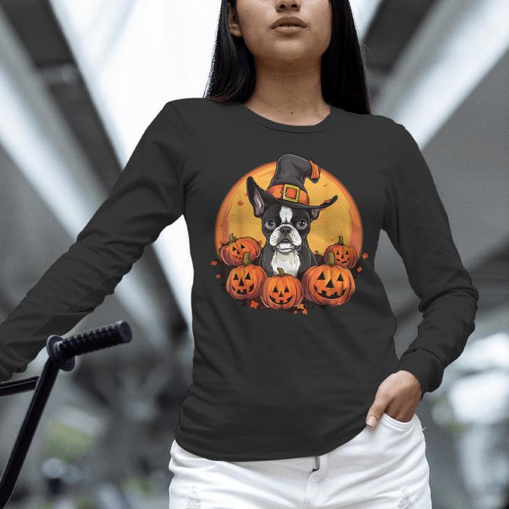 Boston Terrier Bostie Dog Breed Pet Halloween Pumpkins Women Long Sleeve T-Shirt, Boston Terrier Halloween Shirts, gift for family, gift for coworker