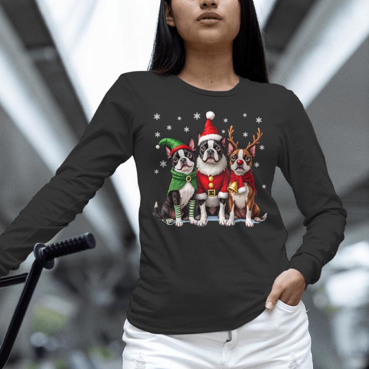 Boston Terrier Christmas Dogs Santa Reindeer Elf Women Long Sleeve T-Shirt, Boston Terrier Christmas Shirts, gift for family, gift for coworker