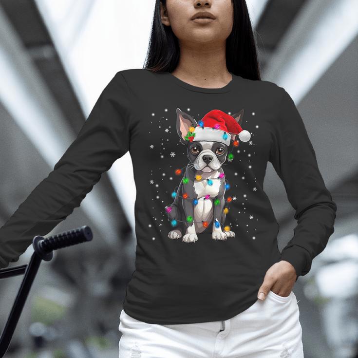 Boston Terrier Christmas Santa Hat Tree Lights Pajama Women Long Sleeve T-Shirt, Boston Terrier Christmas Shirts, gift for family, gift for coworker